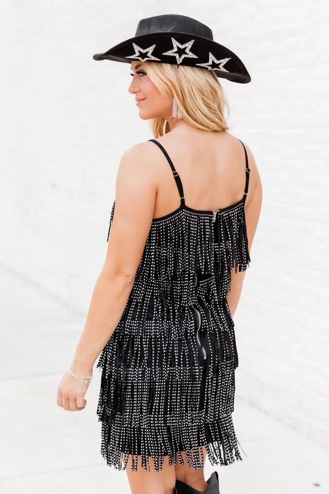 Always Have Fun Black Studded Fringe Mini Tank Dress