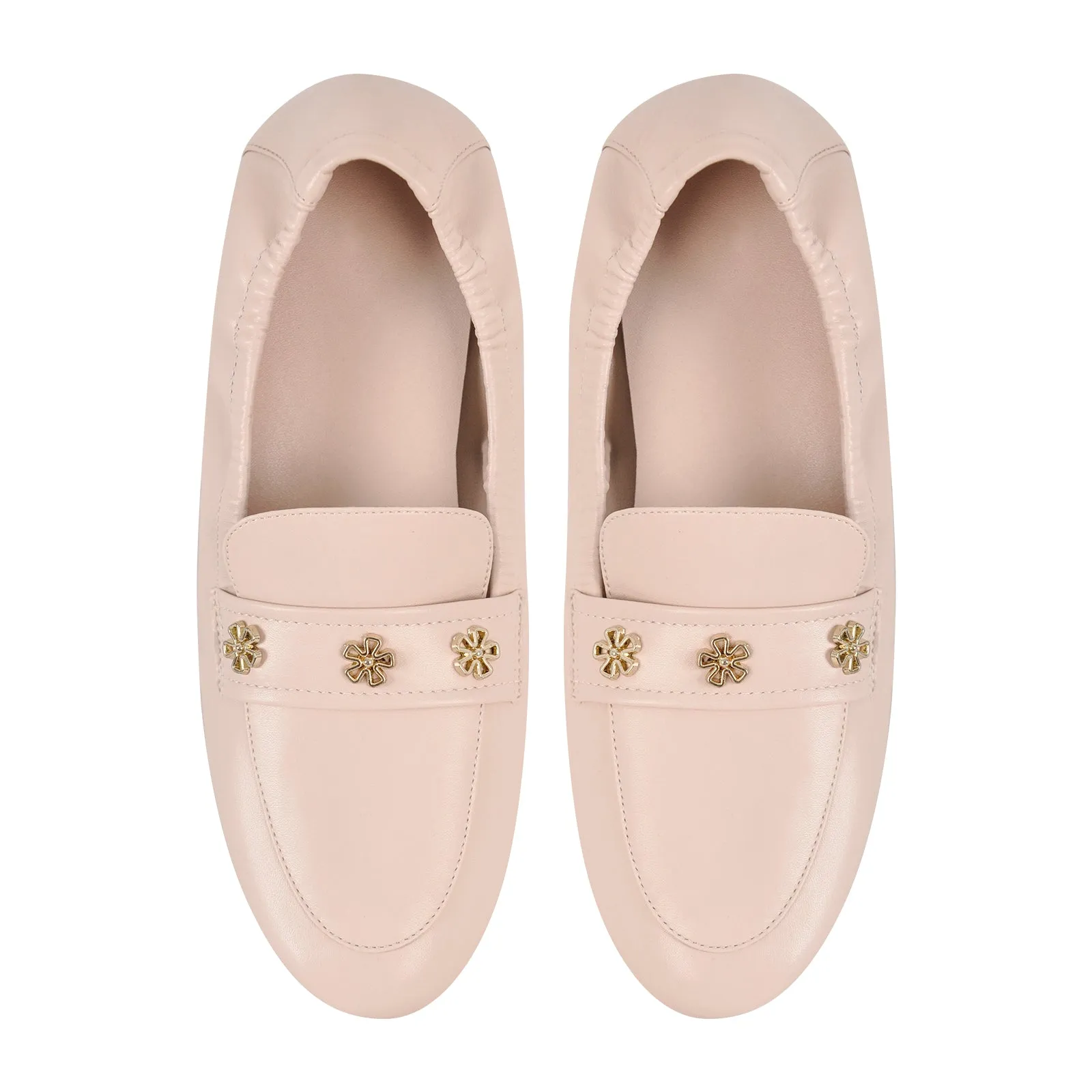 Apricot Round Toe Flower Rivet Flats