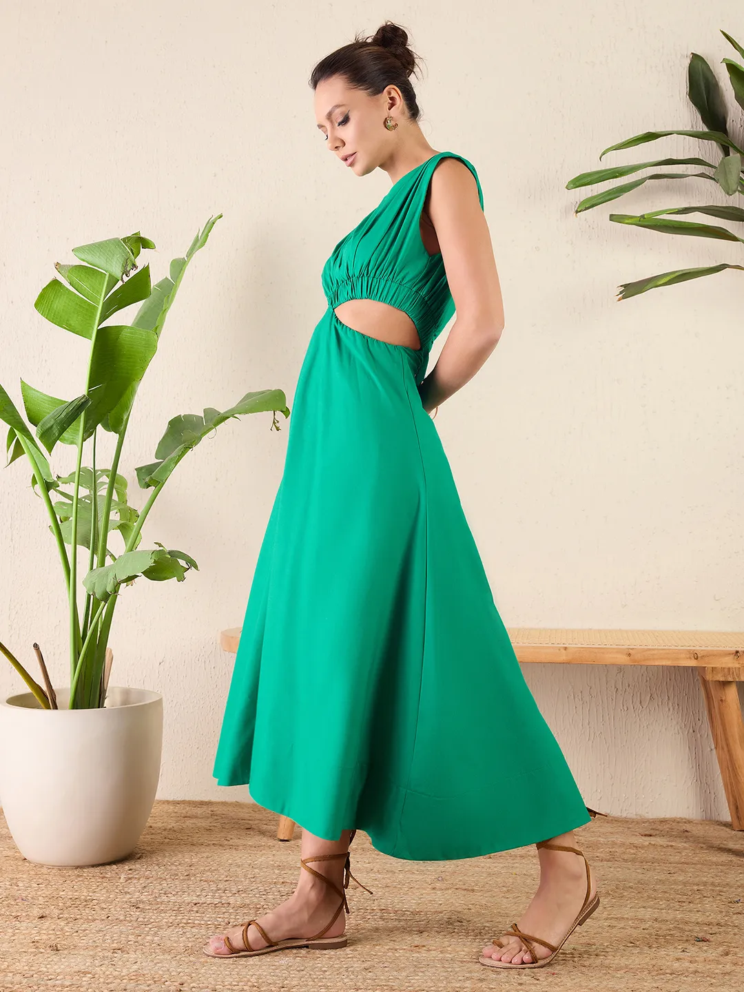 Cotton Poplin Side Cut-Out Sleeveless Midi Dress