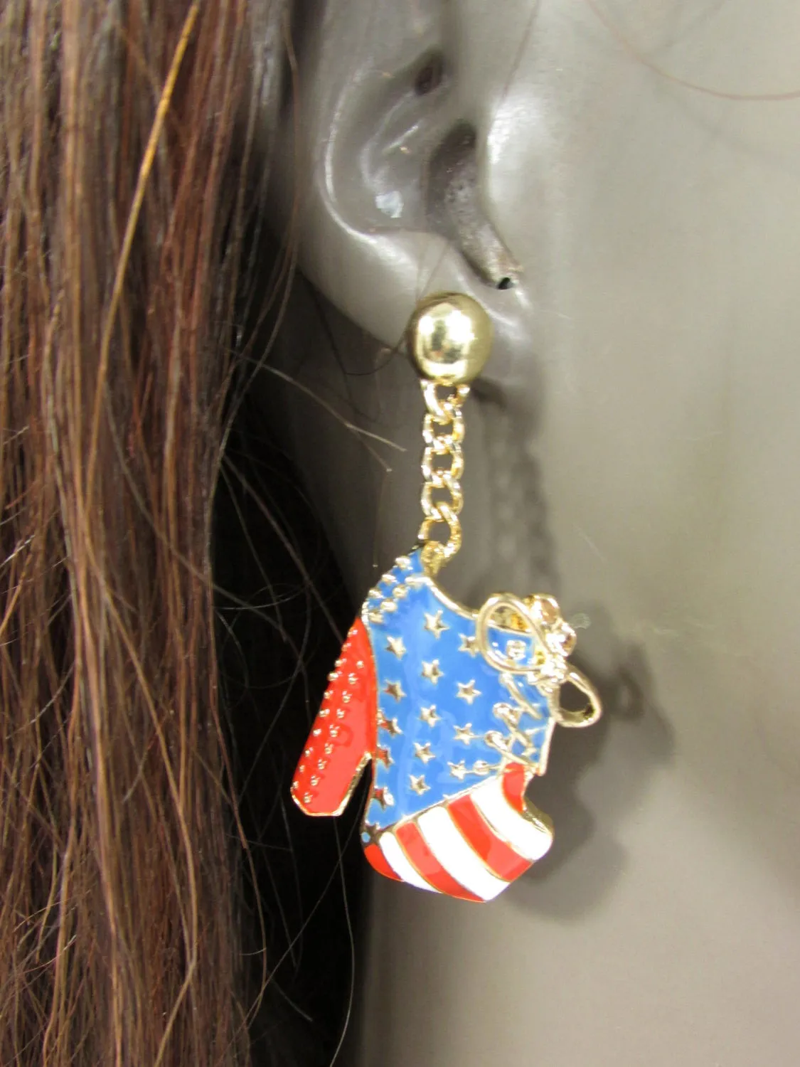 Gold Metal American Flag Dangle Pump Shoes Red Blue Earrings Set Hook