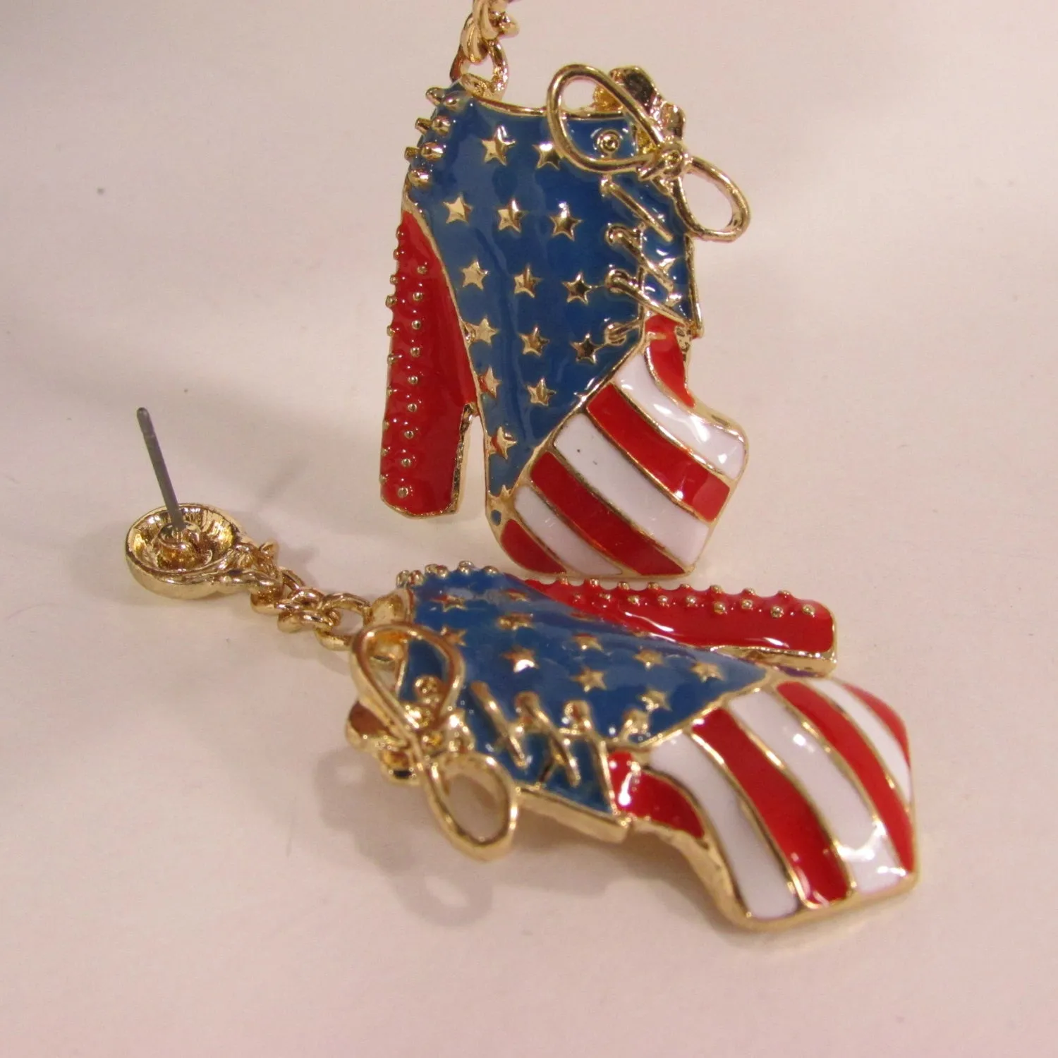 Gold Metal American Flag Dangle Pump Shoes Red Blue Earrings Set Hook