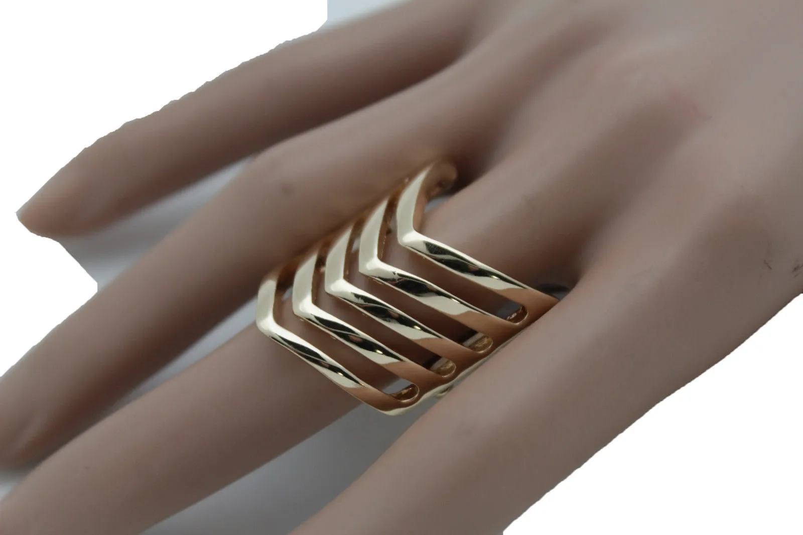 Gold Metal Elastic Band Ring Stripes Chevron Stylish Sexy