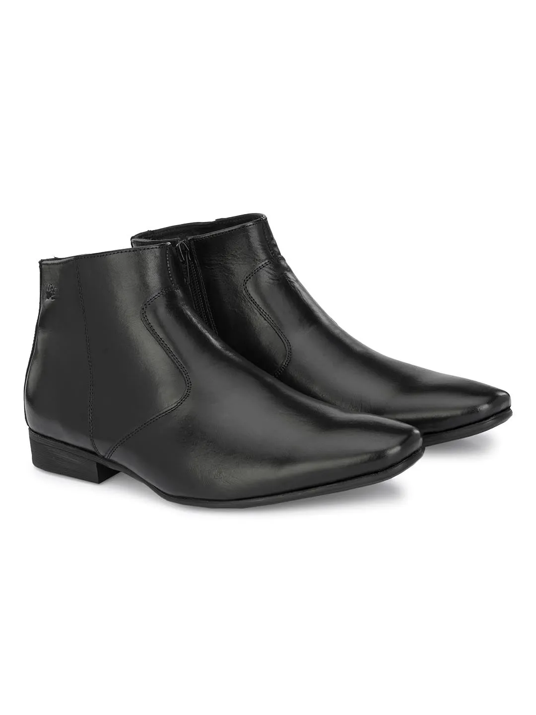 Hitz Men's Black Leather Ankle Boot Shoes with Zip Closure