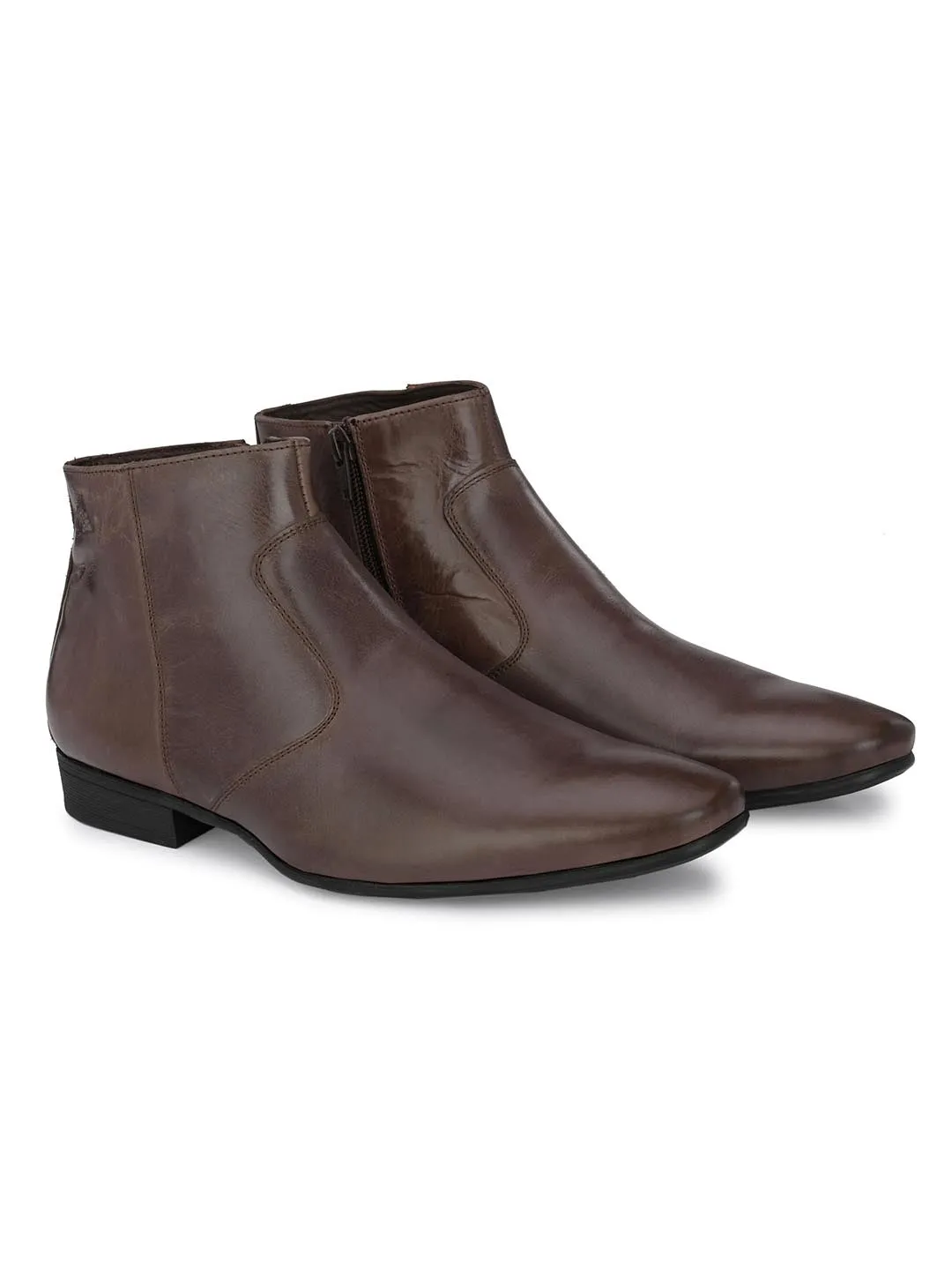 Hitz Men's Brown Leather Ankle Boot Shoes with Zip Closure