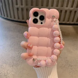 Luxury Pearl Lanyard Chain 3D Ice Lattice Cute Phone Case for iPhone 13 Pro Max, 15, 14, 11, and 12