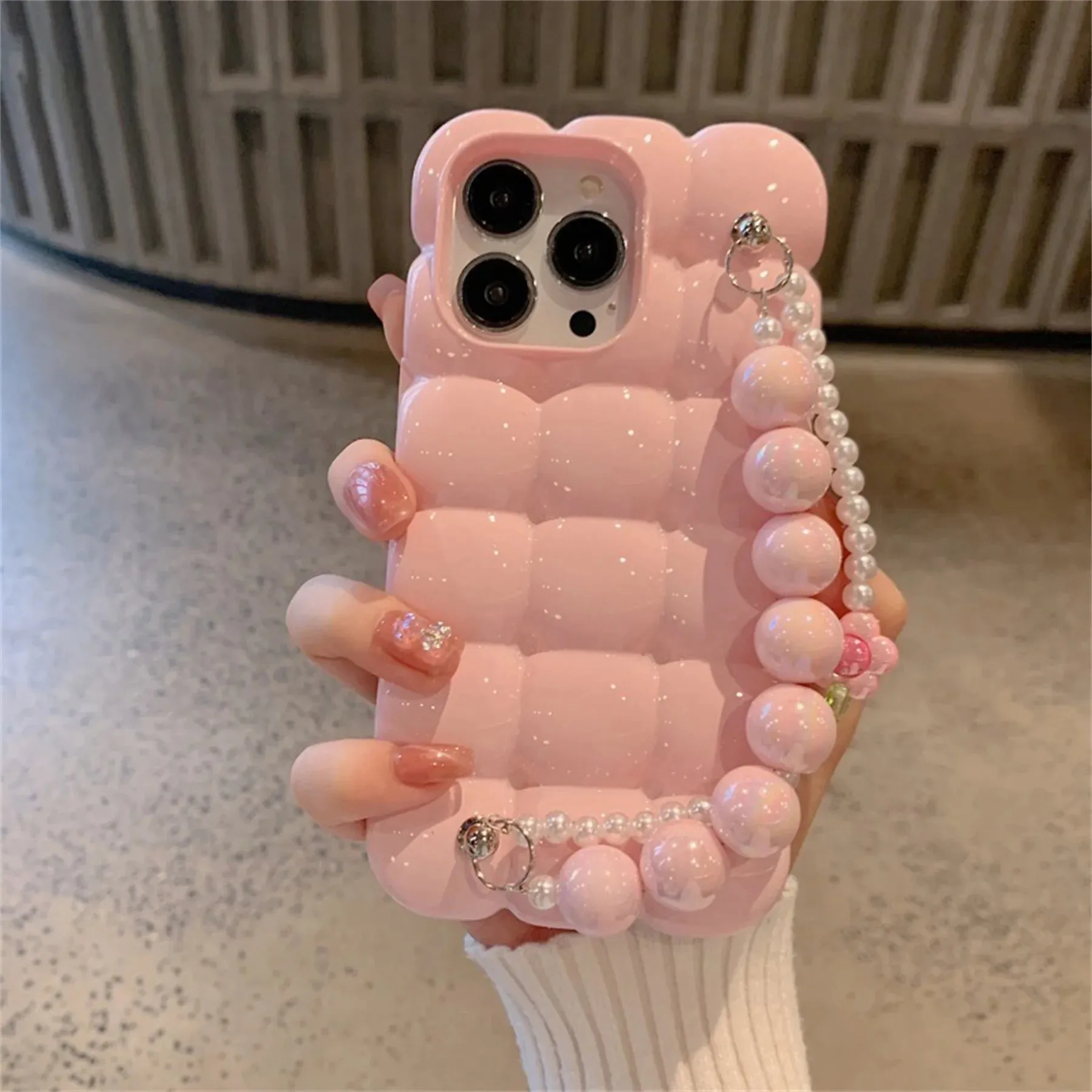 Luxury Pearl Lanyard Chain 3D Ice Lattice Cute Phone Case for iPhone 13 Pro Max, 15, 14, 11, and 12