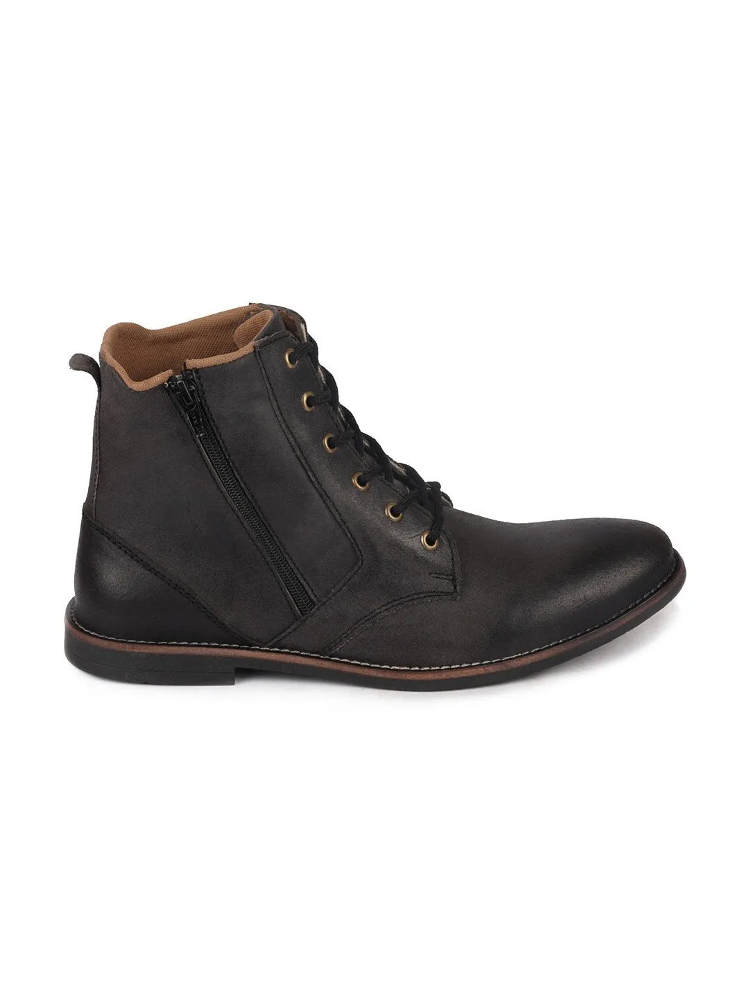 Men Black High Ankle Lace Up Leather Zipper Boots