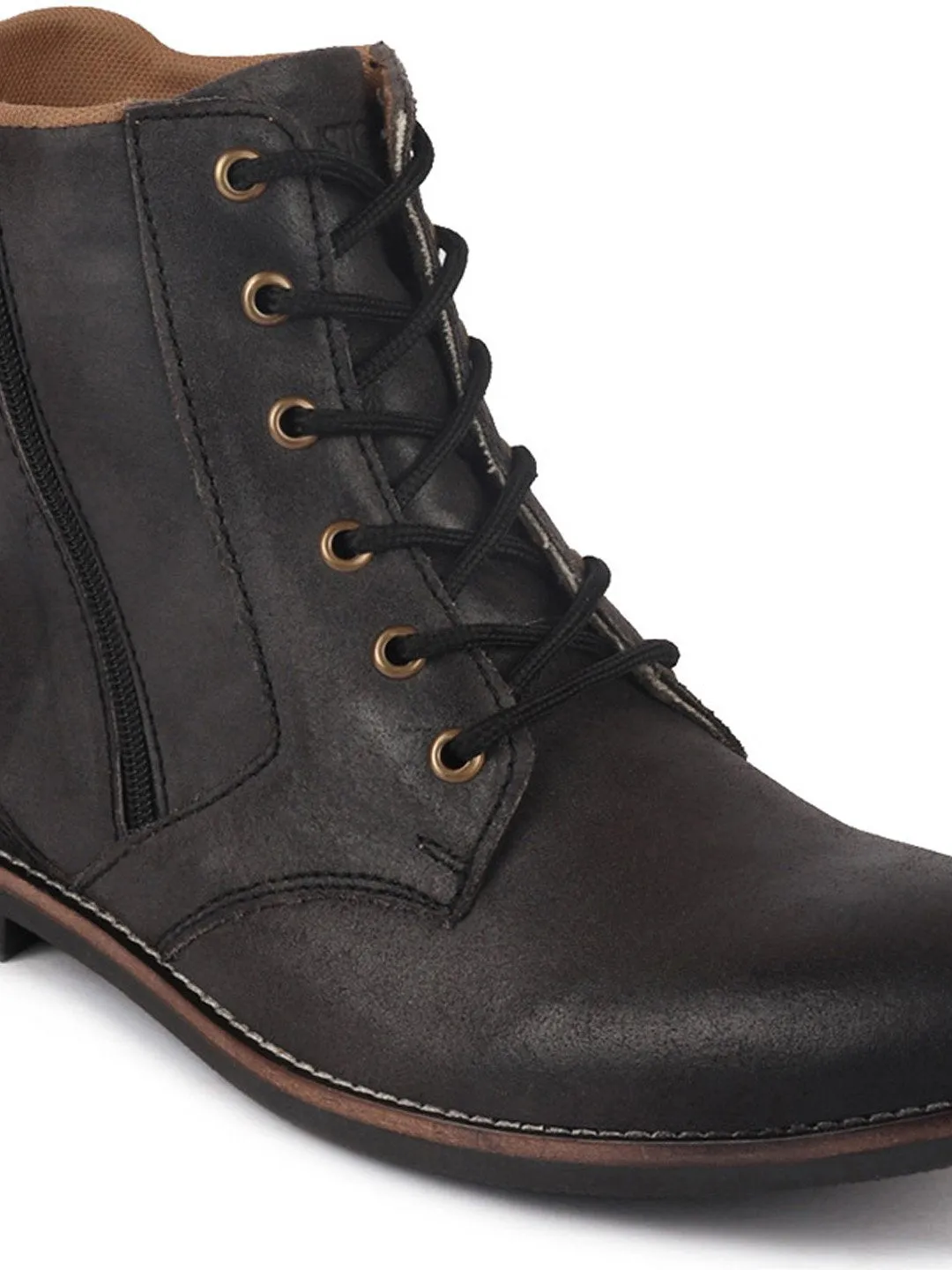 Men Black High Ankle Lace Up Leather Zipper Boots