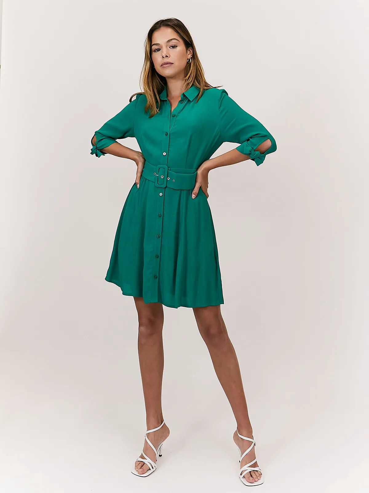 Olivia Mini Belted Shirt Dress / Green