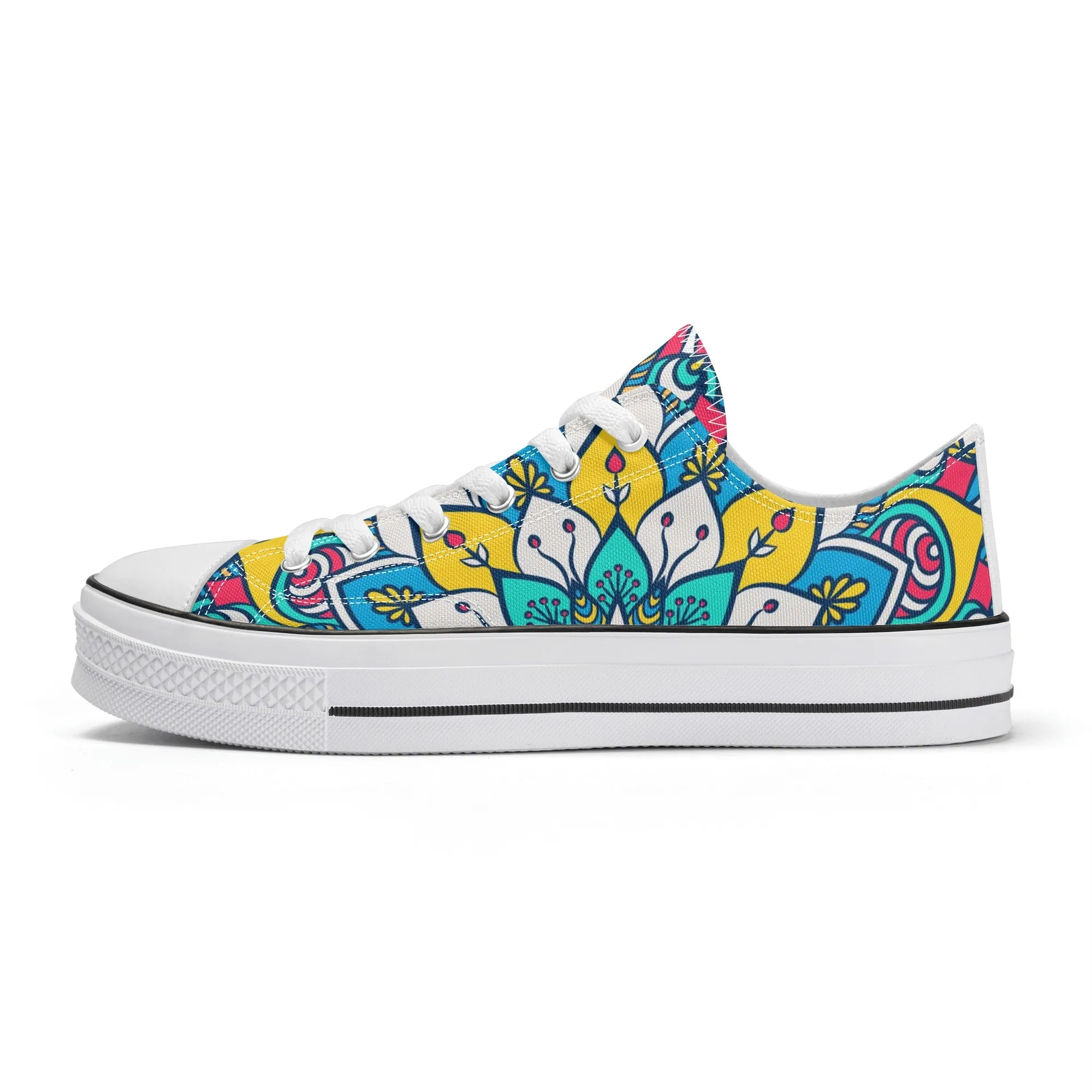 Red, Blue and Yellow Mandala Pattern - Womens Classic Low Top Canvas Shoes for Footwear Lovers