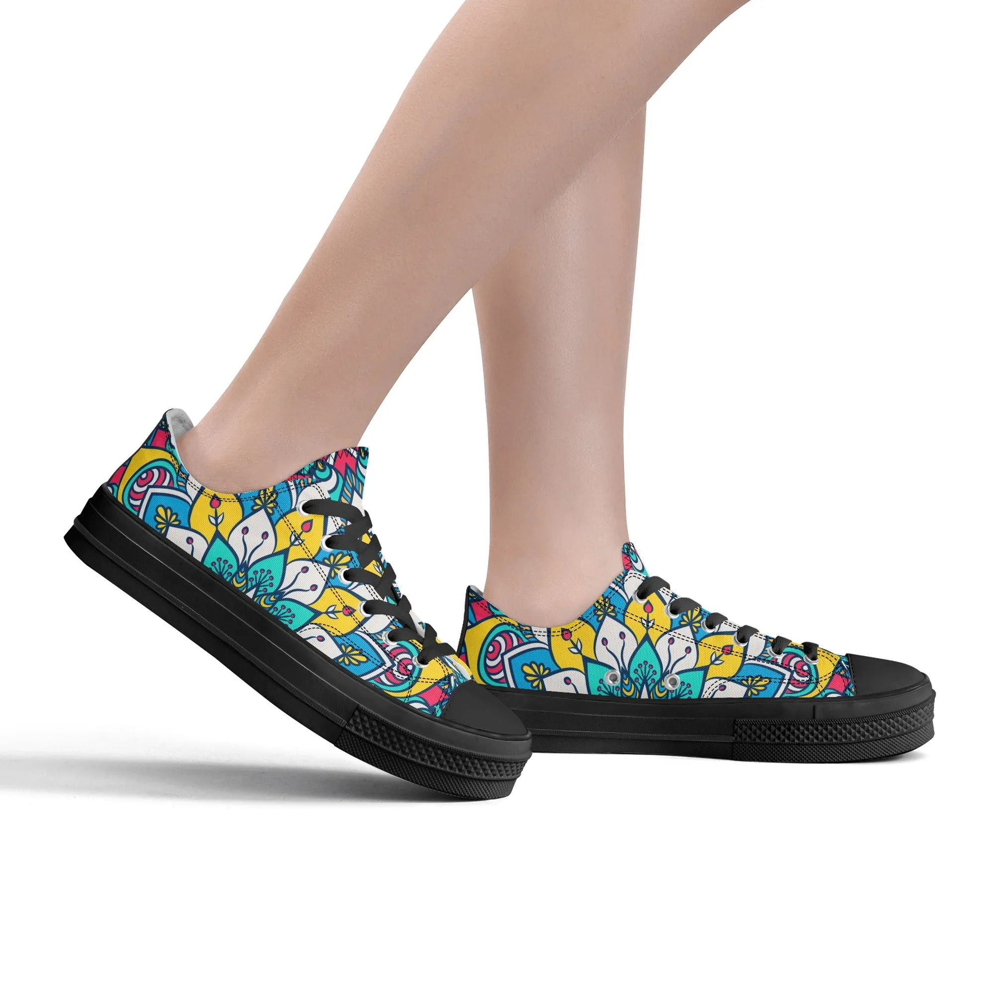 Red, Blue and Yellow Mandala Pattern - Womens Classic Low Top Canvas Shoes for Footwear Lovers