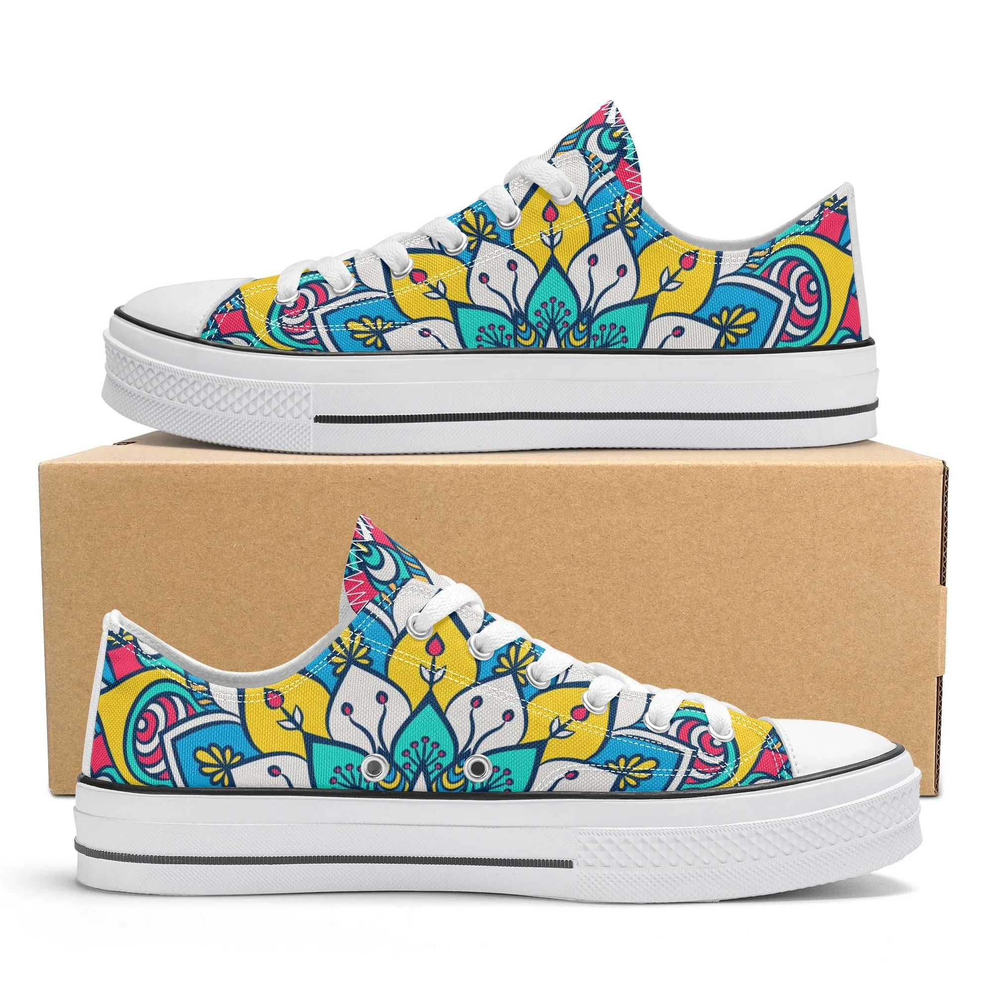 Red, Blue and Yellow Mandala Pattern - Womens Classic Low Top Canvas Shoes for Footwear Lovers