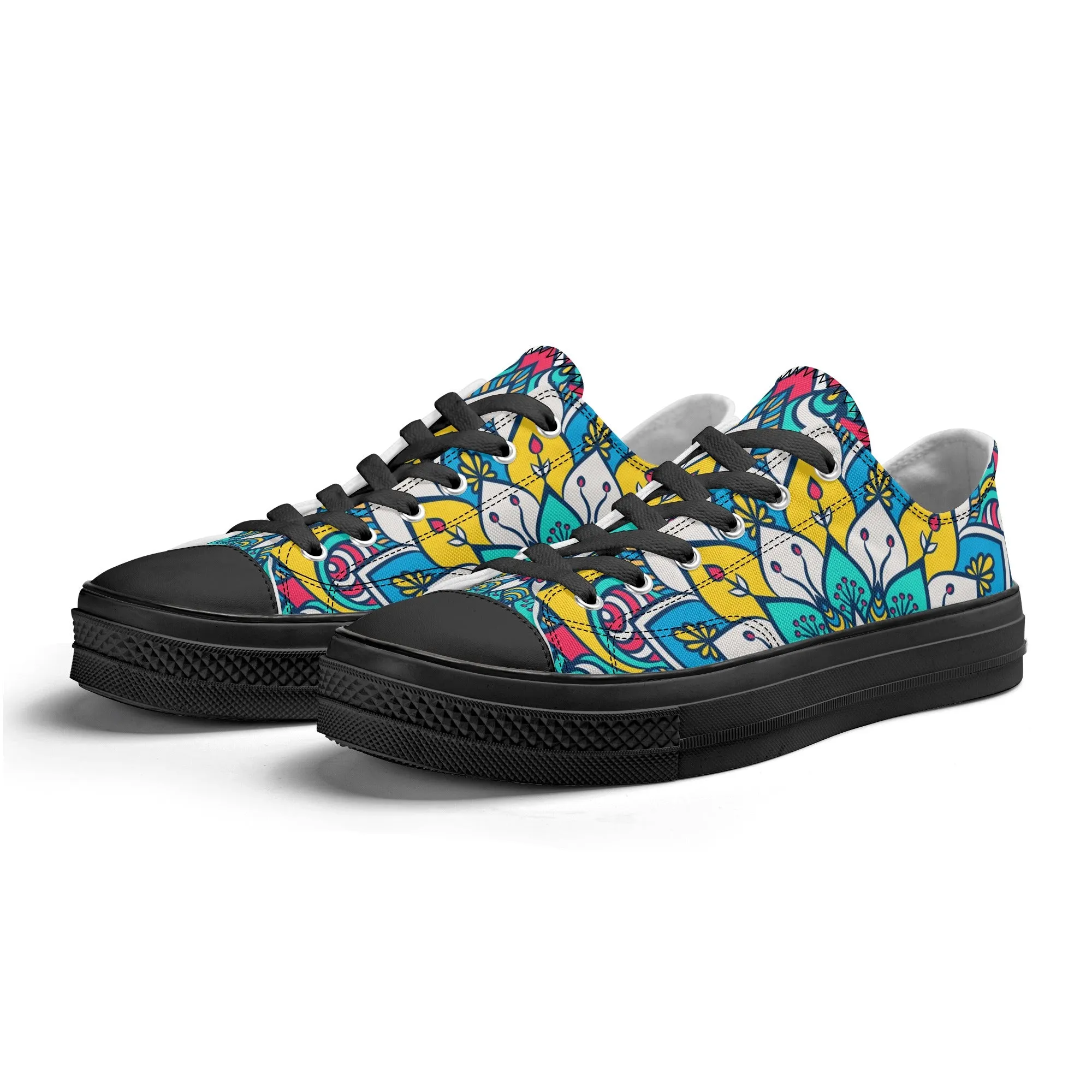 Red, Blue and Yellow Mandala Pattern - Womens Classic Low Top Canvas Shoes for Footwear Lovers