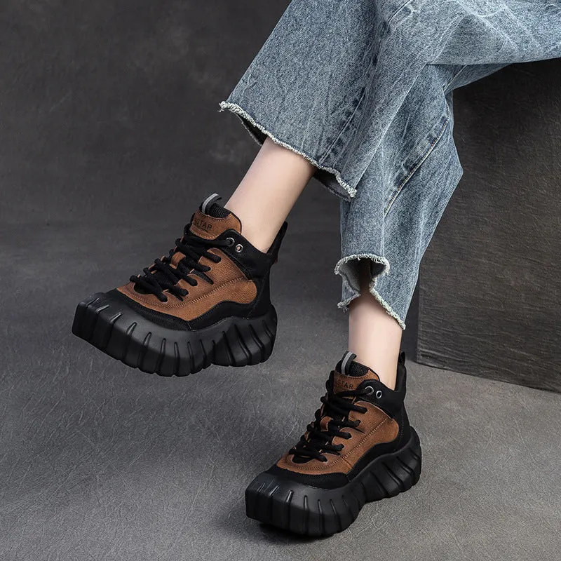 Women Fashion Leather Casual High-Top Platform Sneakers